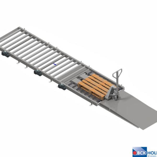 Lowered pallet conveyor with ramp